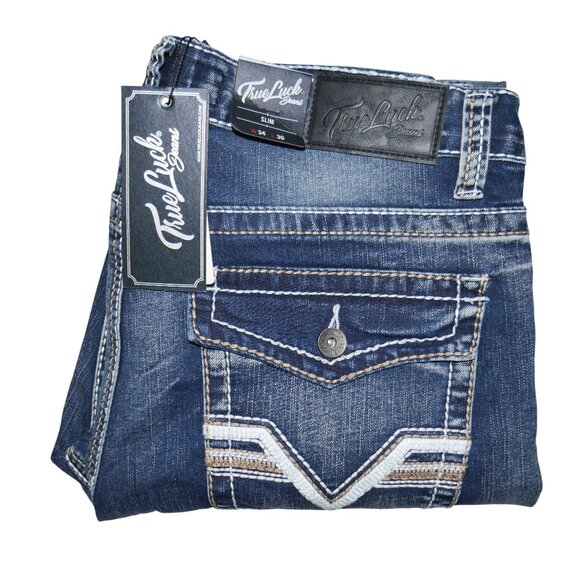 NEW True Luck Slim Fit Jeans Men's Size 34x30 Embroidered Thick Stitch BKE NWT - Picture 10 of 10